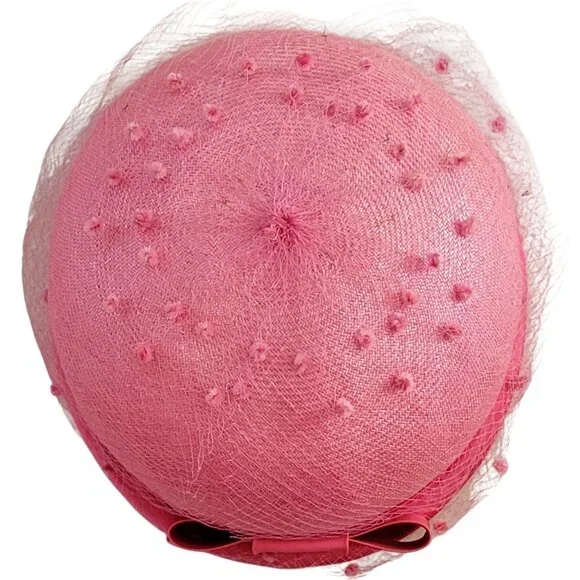 VTG Mid Century Pink Pillbox Derby Hat with Swiss Dot Netting and Bow 1950s
